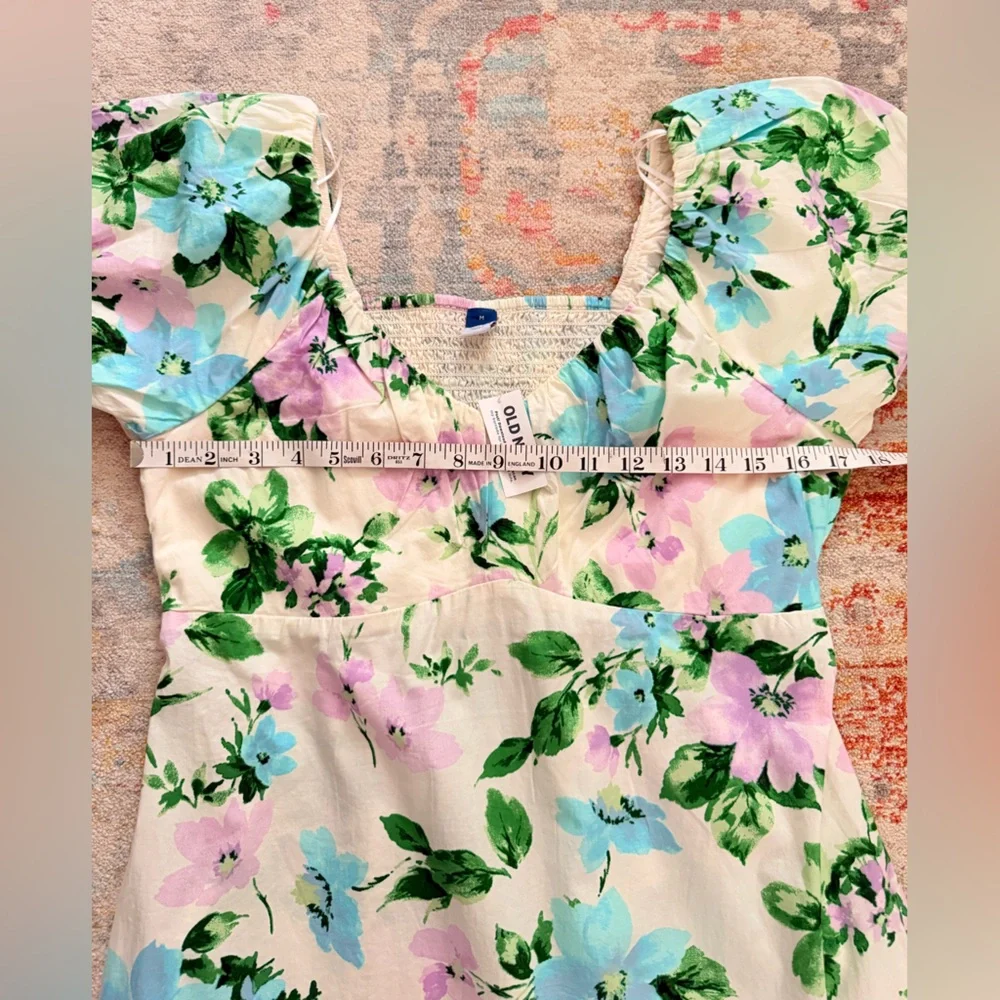 NWT Old‎ Navy Womens Ivory Green Purple Floral Puff Sleeve Mini Dress MEDIUM - Picture 11 of 14